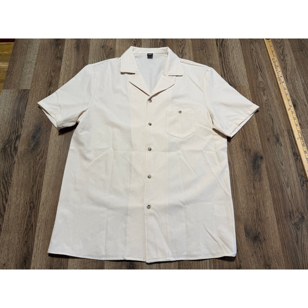 Manfinity Button Up Shirt Mens Medium Cream Adult Camp Collar Short Sleeve